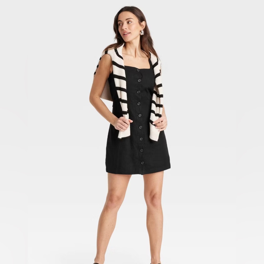 A New Day Black Button-Front Mini Vest Dress with Tie Back